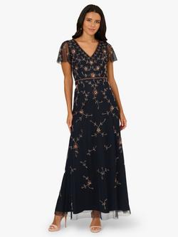 Adrianna Papell Studio Beaded Long Dress, Navy/Rosegold, Navy/Rosegold