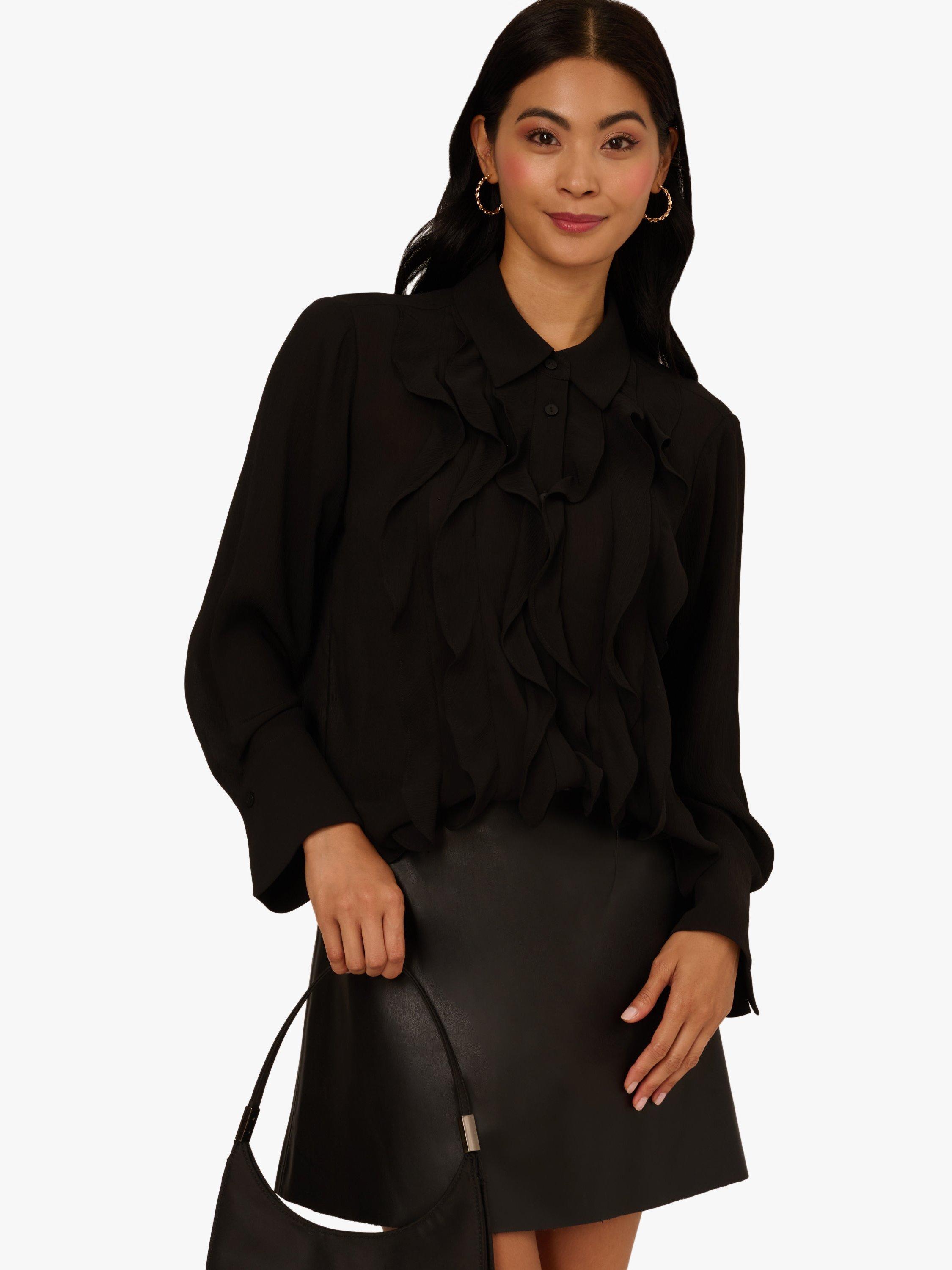 Product image 4 of 7, which shows Adrianna Papell Ruffle Sheer Top, Black, S