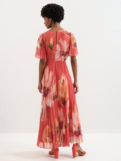 Phase Eight Petite Abgail Floral Pleated Dress, Orange - view 2, Orange