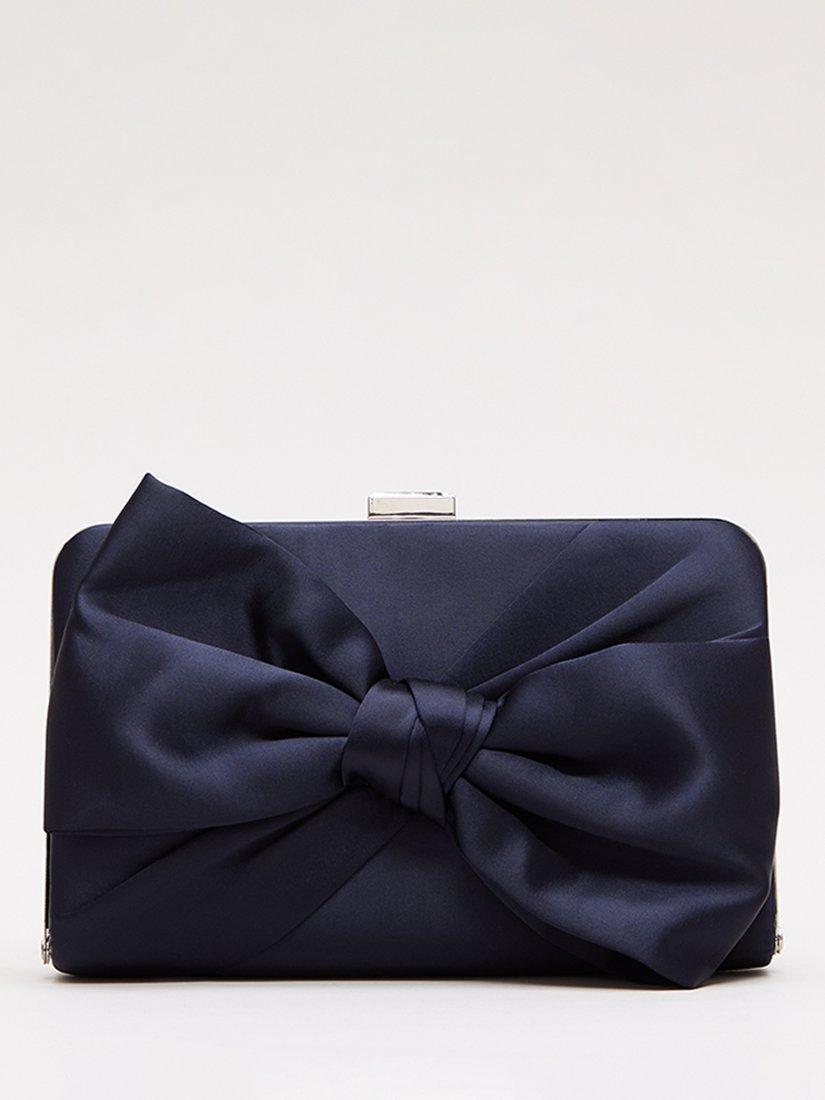 Product image 1 of 8, which shows Phase Eight Satin Knot Front Box Clutch Bag, Navy, Blue