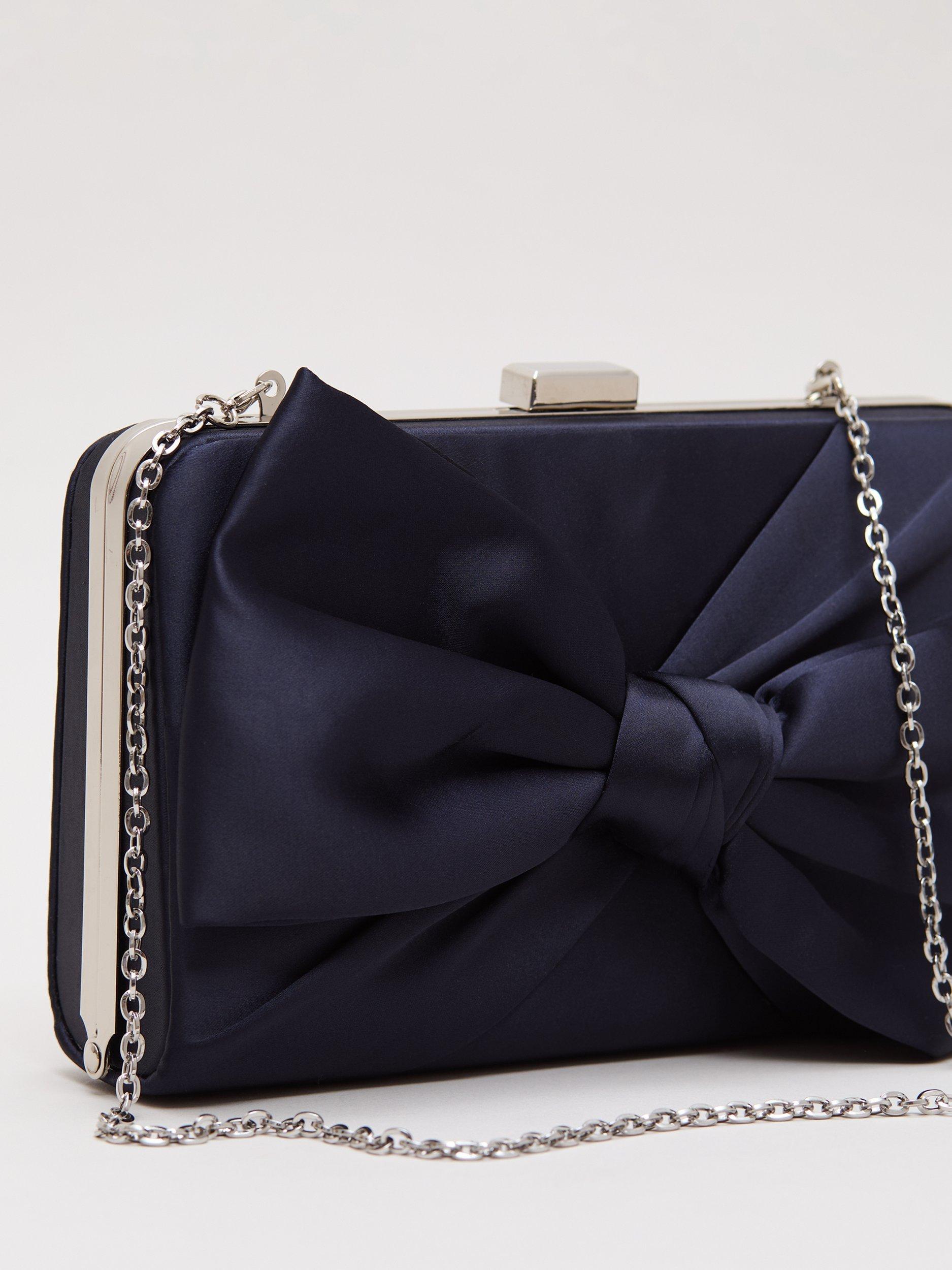 Product image 3 of 8, which shows Phase Eight Satin Knot Front Box Clutch Bag, Navy, Blue