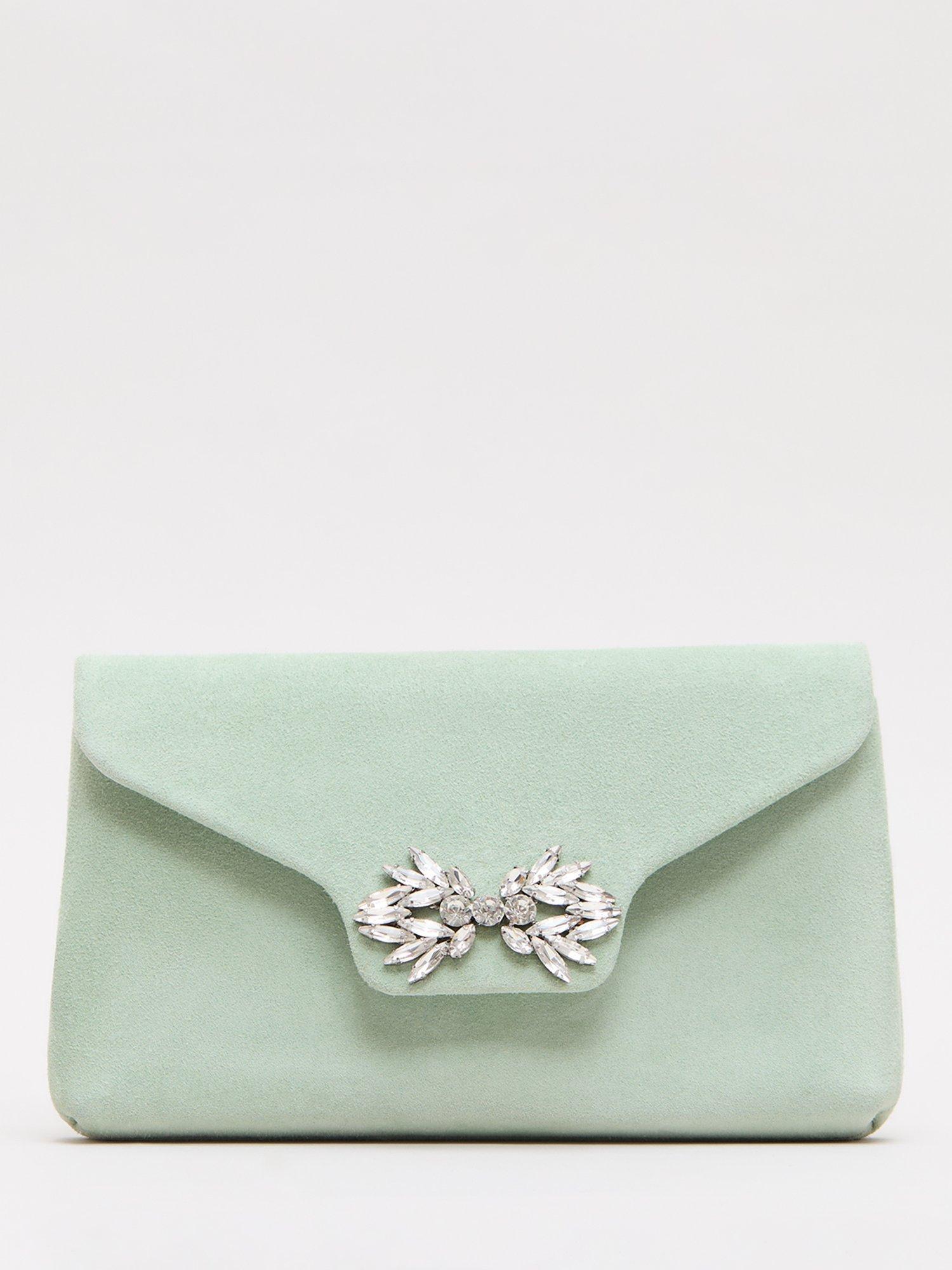 Product image 1 of 8, which shows Phase Eight Sparkle Pure Suede Clutch Bag, Pale Green, One Size