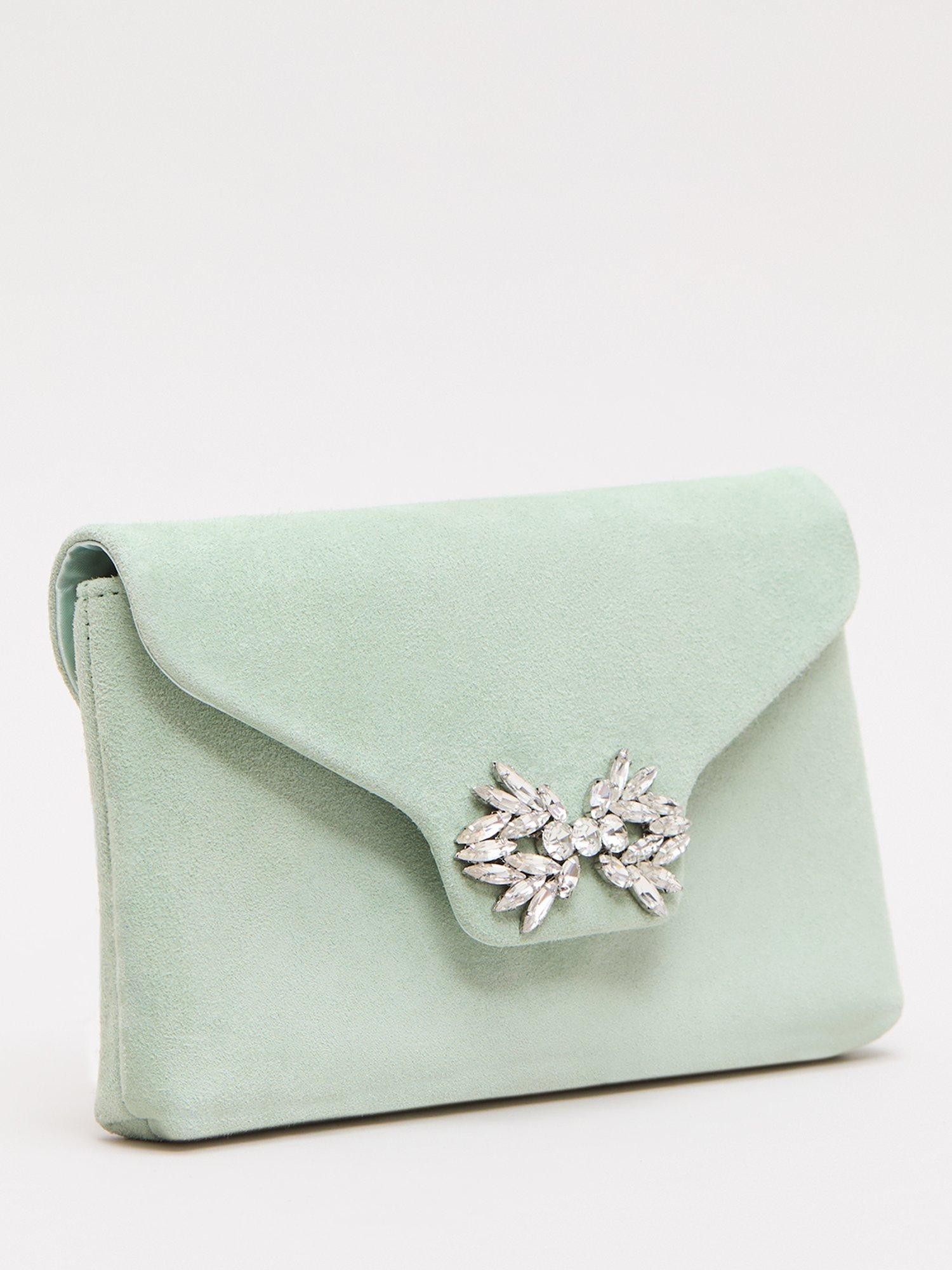 Product image 2 of 8, which shows Phase Eight Sparkle Pure Suede Clutch Bag, Pale Green, One Size