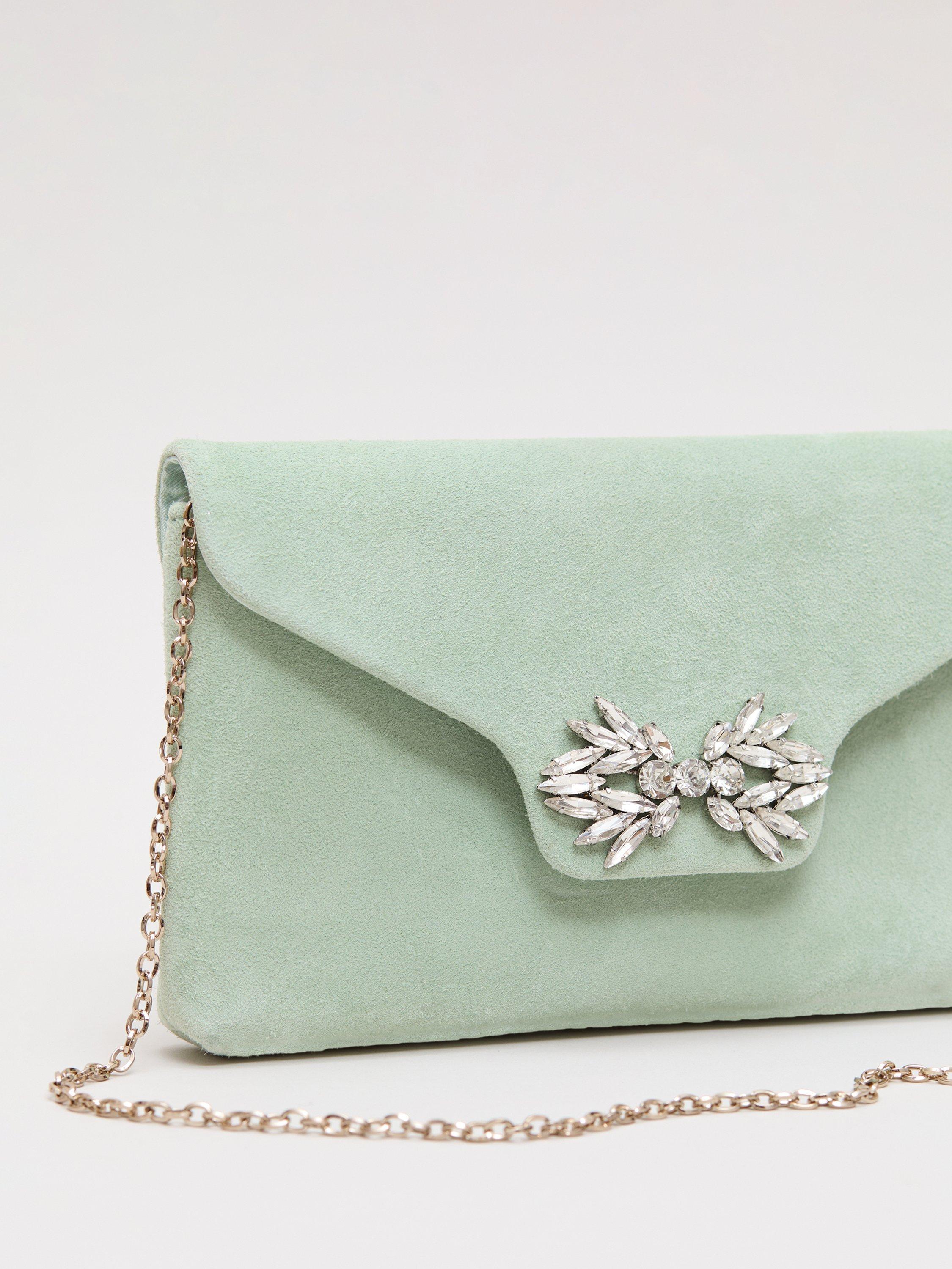Product image 3 of 8, which shows Phase Eight Sparkle Pure Suede Clutch Bag, Pale Green, One Size