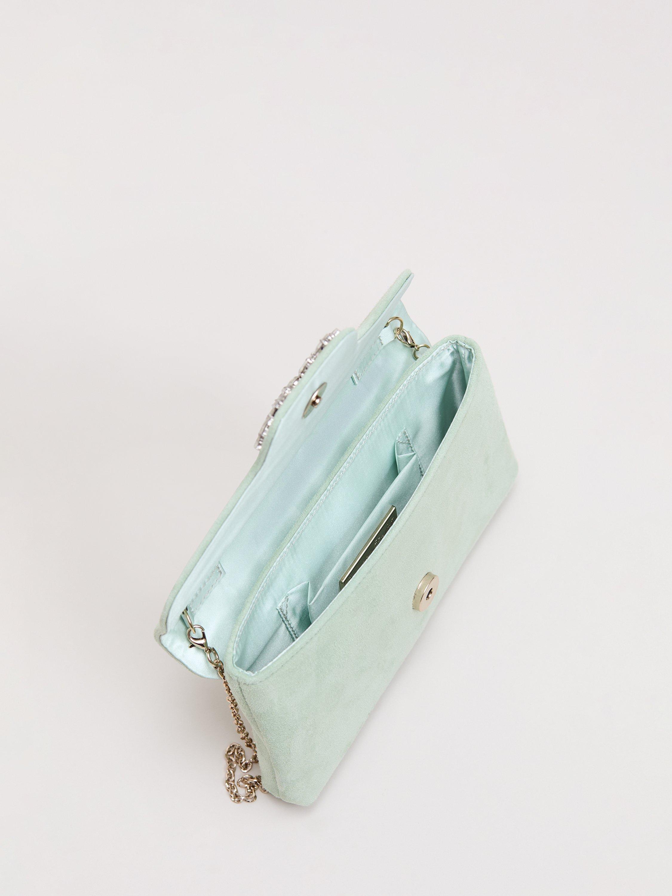 Product image 4 of 8, which shows Phase Eight Sparkle Pure Suede Clutch Bag, Pale Green, One Size