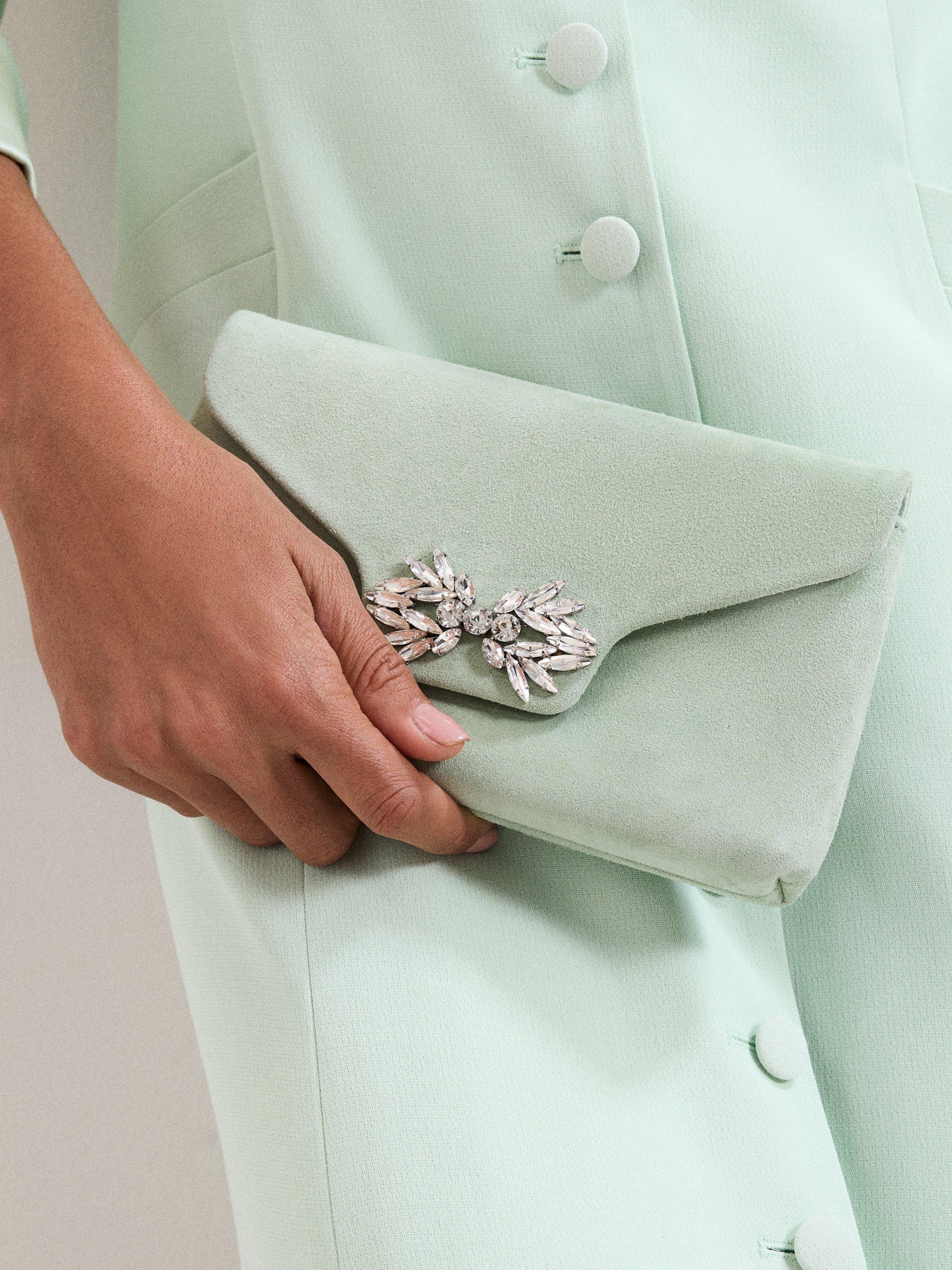 Product image 7 of 8, which shows Phase Eight Sparkle Pure Suede Clutch Bag, Pale Green, One Size