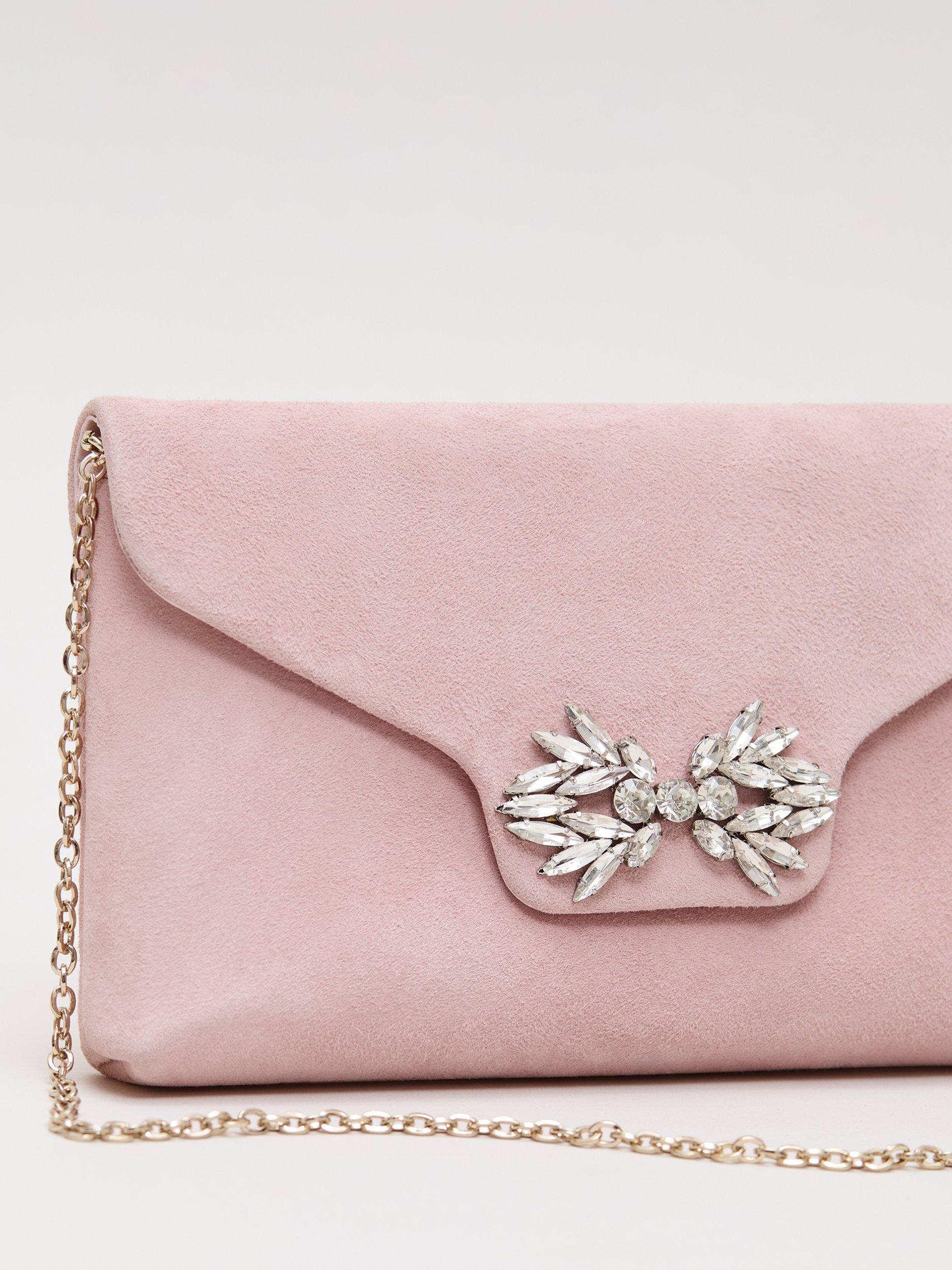 Product image 3 of 8, which shows Phase Eight Sparkle Pure Suede Clutch Bag, Pale Pink, One Size