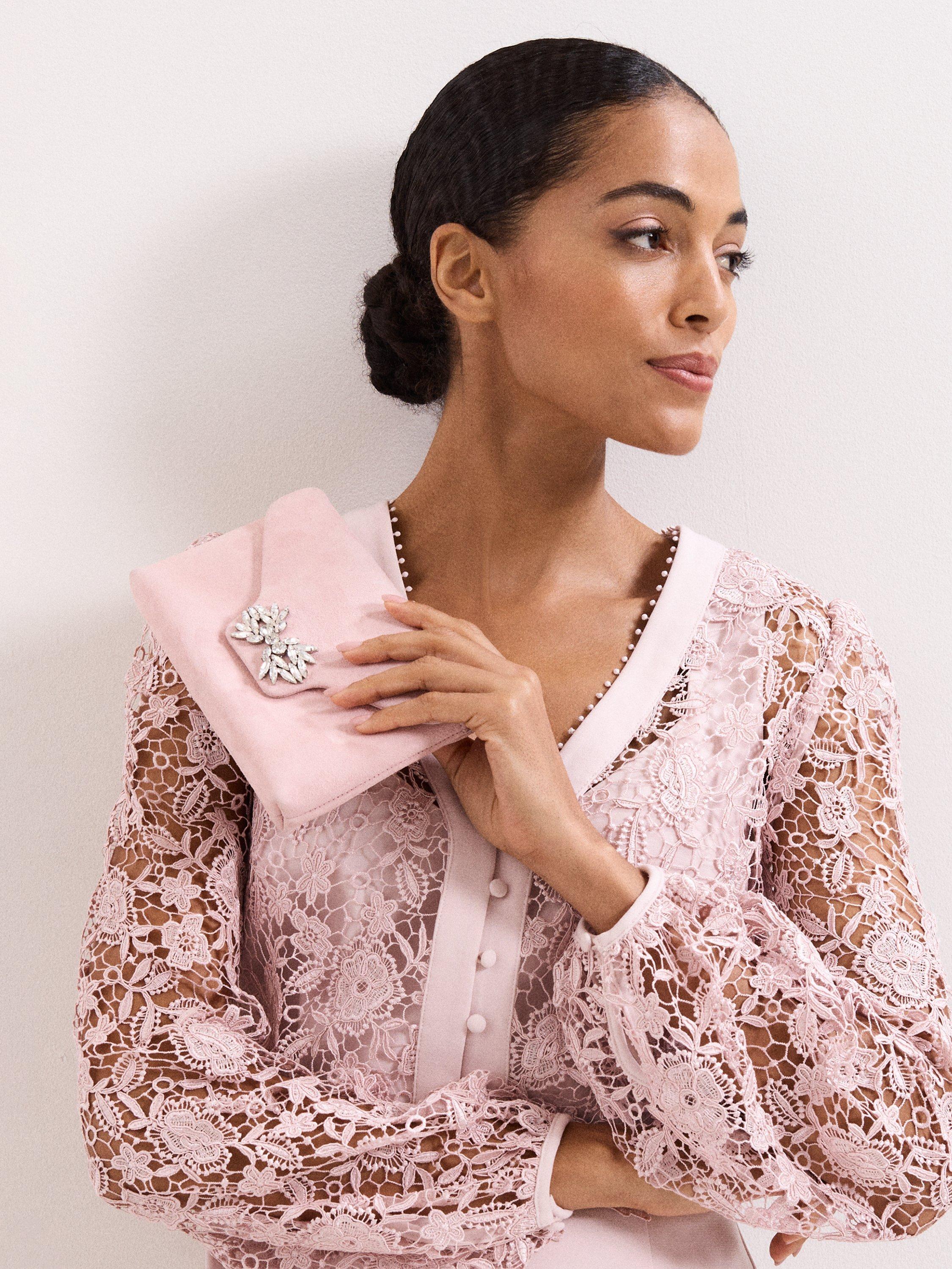 Product image 6 of 8, which shows Phase Eight Sparkle Pure Suede Clutch Bag, Pale Pink, One Size