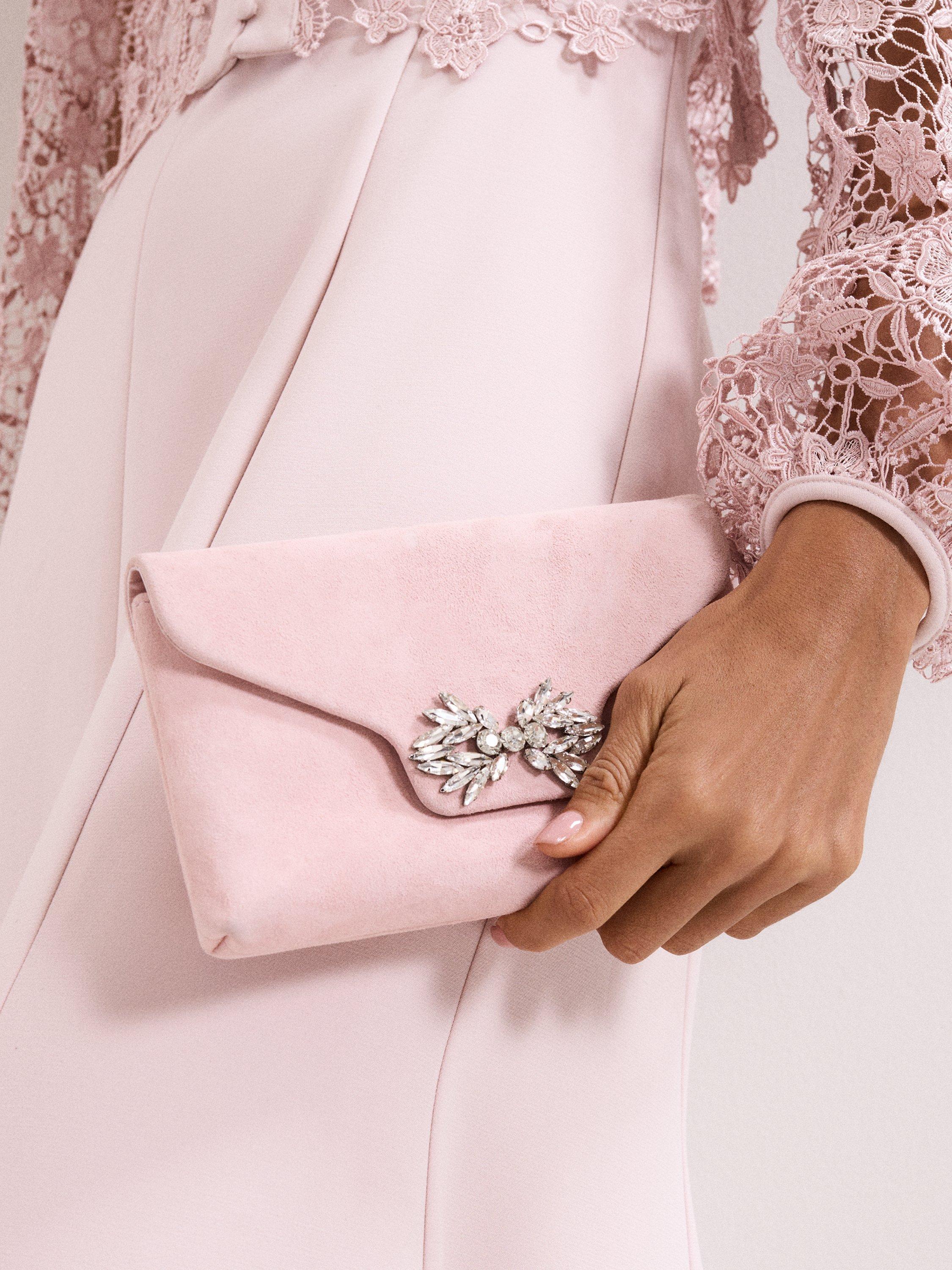 Product image 7 of 8, which shows Phase Eight Sparkle Pure Suede Clutch Bag, Pale Pink, One Size