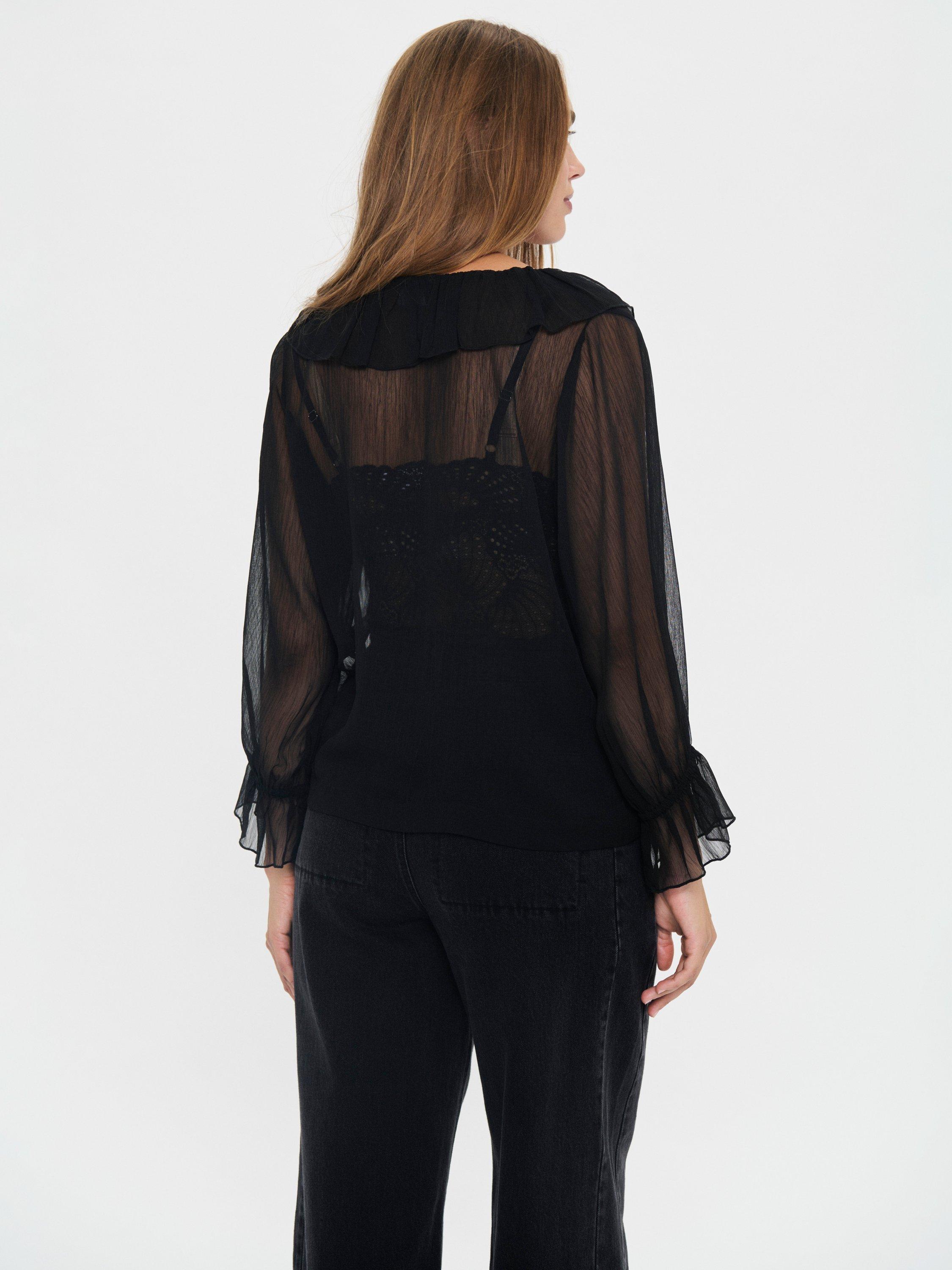 Product image 2 of 6, which shows Saint Tropez Nanette Sheer Ruffle Top, Black, XS