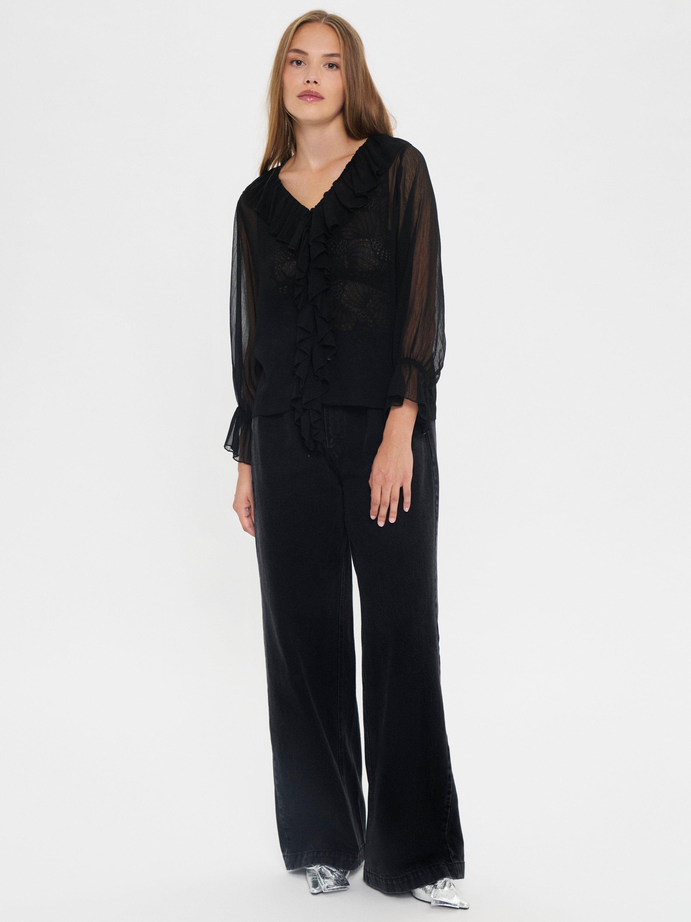 Product image 3 of 6, which shows Saint Tropez Nanette Sheer Ruffle Top, Black, XS