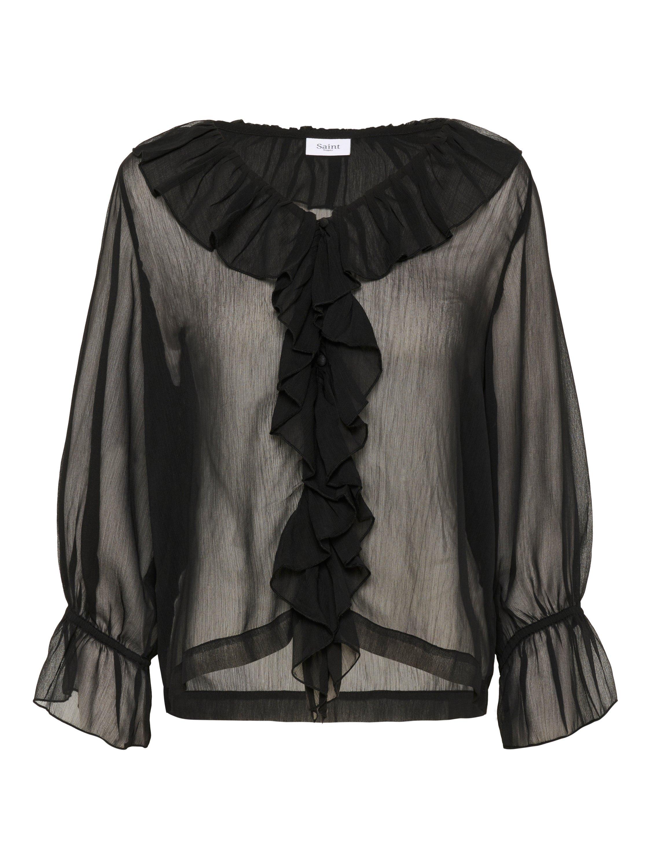 Product image 5 of 6, which shows Saint Tropez Nanette Sheer Ruffle Top, Black, XS