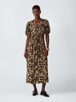 John Lewis Tortoiseshell Short Sleeve Shirred Waist Midi Dress, Tortoise, Tortoise