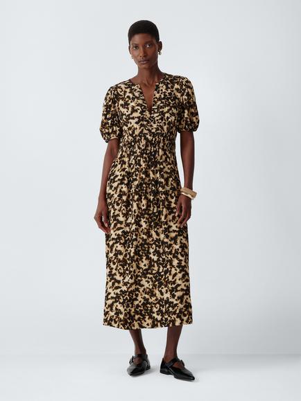 John Lewis Tortoiseshell Short Sleeve Shirred Waist Midi Dress containing LENZING™ ECOVERO™ Viscose, Tortoise, Tortoise