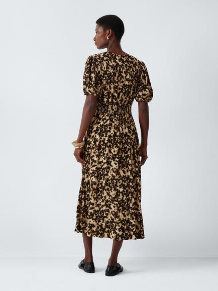 John Lewis Tortoiseshell Short Sleeve Shirred Waist Midi Dress containing LENZING™ ECOVERO™ Viscose, Tortoise - view 2, Tortoise