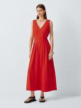 John Lewis Linen Blend V-Neck Pleated Midi Dress, Red Clay