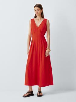 John Lewis Linen Blend V-Neck Pleated Midi Dress, Red Clay, Red Clay
