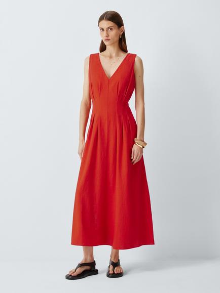 John Lewis Linen Blend V-Neck Pleated Midi Dress, Orange, Orange