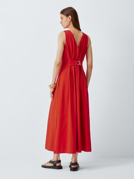 John Lewis Linen Blend V-Neck Pleated Midi Dress, Orange - view 2, Orange
