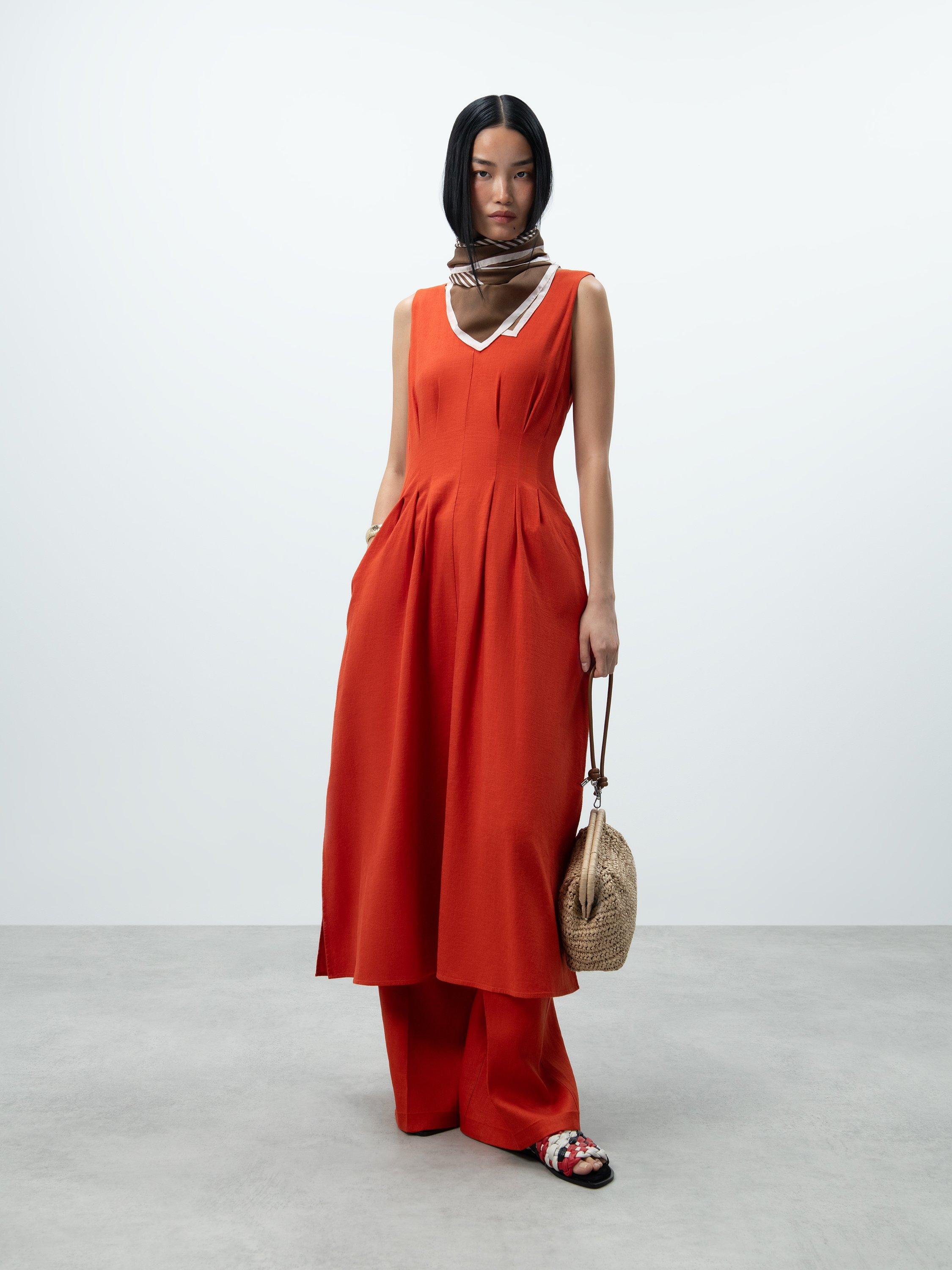 strapless open back dress Spanish Sleeve Red Pleated Midi Dress – Bells of Valor main image 1