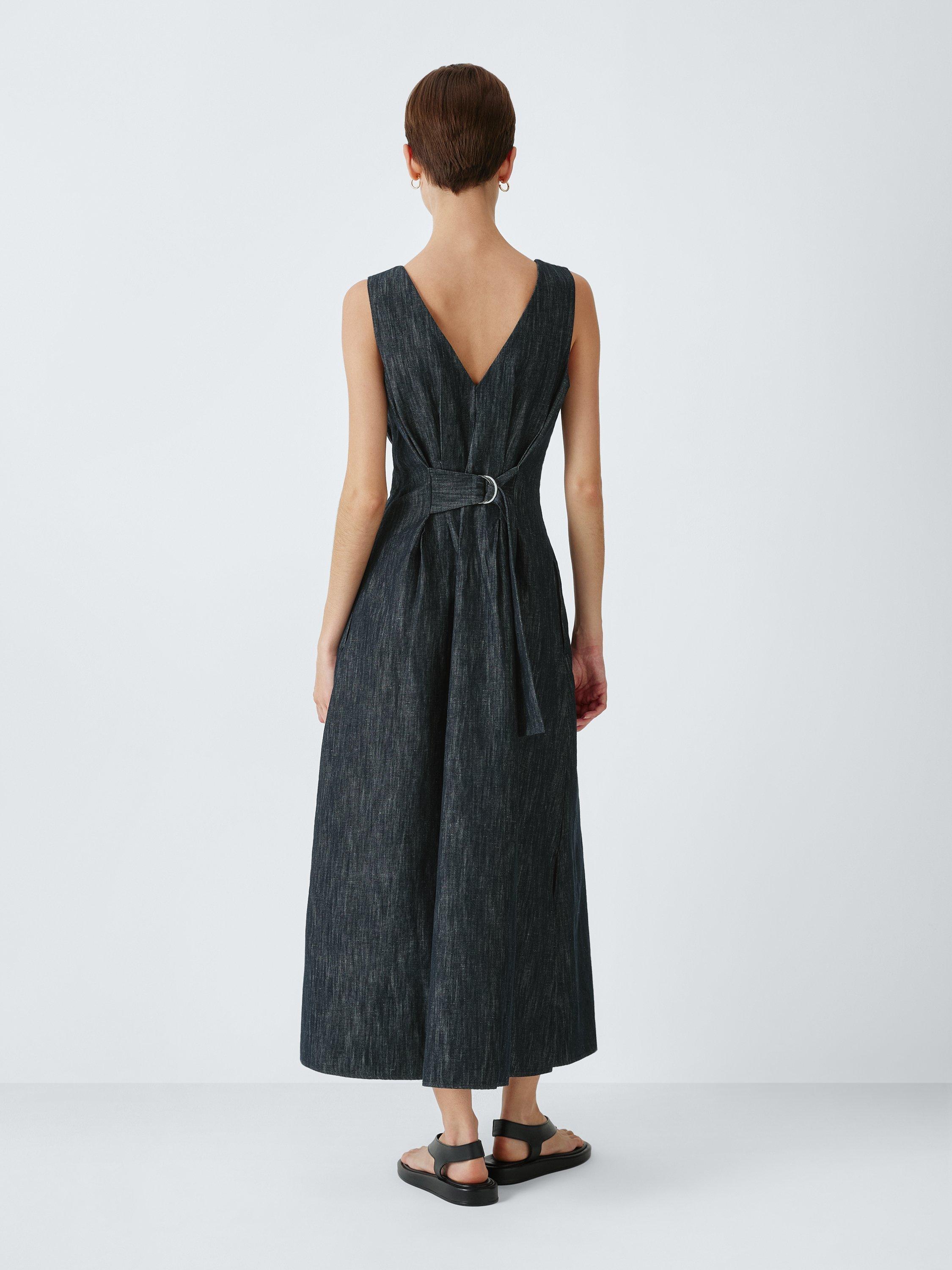 John Lewis Cotton Linen Blend Sleeveless V-Neck Pleated Midi Dress, Dark  Blue