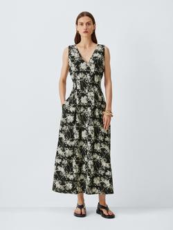 John Lewis Linen Blend Floral Print V-Neck Pleated Midi Dress, Print, Print
