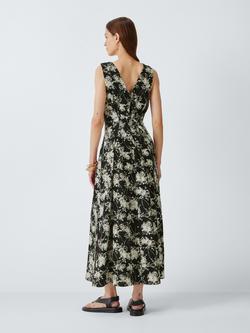 John Lewis Linen Blend Floral Print V-Neck Pleated Midi Dress, Print - view 2, Print
