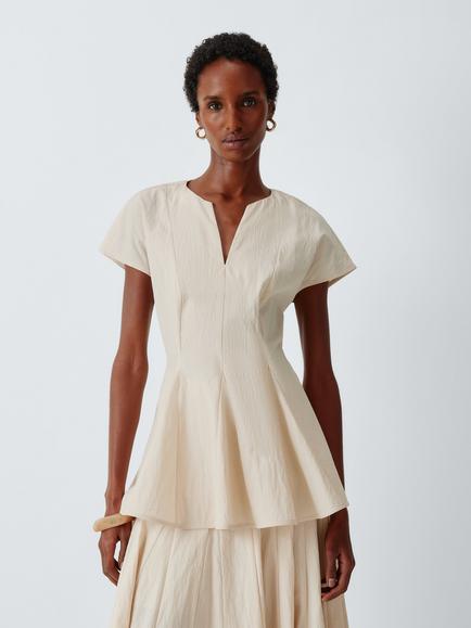 John Lewis Godet Cap Sleeve Top, Cream, Cream