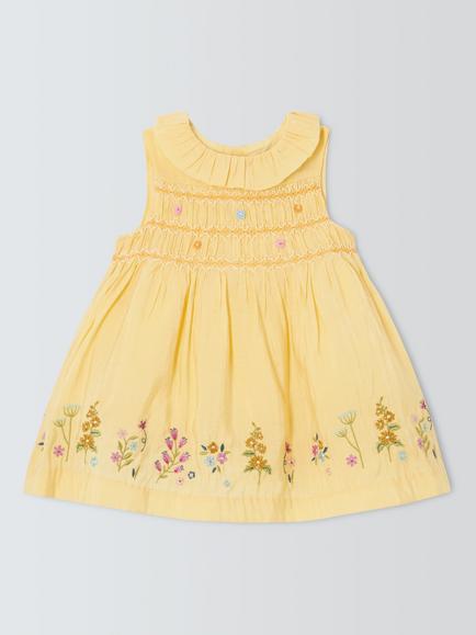 John Lewis Heirloom Collection Baby Dobby Embroidered Dress & Bloomers Set, Yellow, Yellow