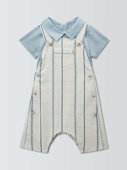 John Lewis Heirloom Collection Baby Check Bibshorts & Bodysuit Set, Celestial Blue, Celestial Blue