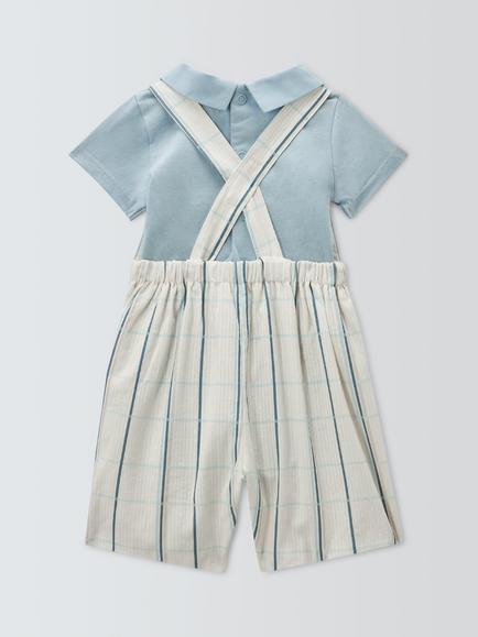 John Lewis Heirloom Collection Baby Check Bibshorts & Bodysuit Set, Celestial Blue - view 2, Celestial Blue