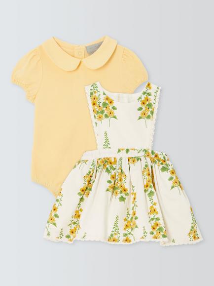 John Lewis Heirloo Collection Baby Floral Pinafore Dress & Bodysuit Set, Gardenia/Lemon Curry, Gardenia/Lemon Curry