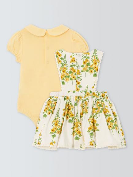 John Lewis Heirloo Collection Baby Floral Pinafore Dress & Bodysuit Set, Gardenia/Lemon Curry - view 2, Gardenia/Lemon Curry