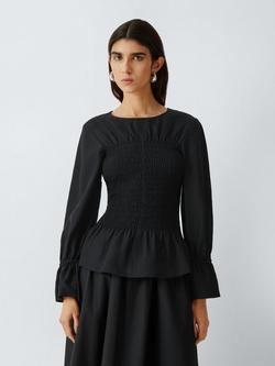 John Lewis Shirred Bodice Tie Cuff Peplum Top, Black