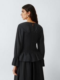 John Lewis Shirred Bodice Tie Cuff Peplum Top - view 2, Black