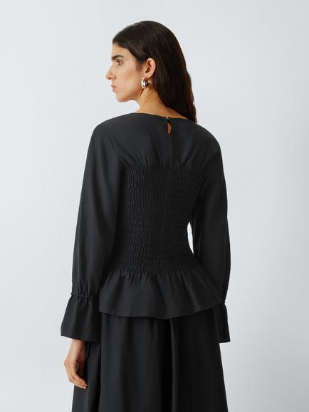 John Lewis Shirred Bodice Tie Cuff Peplum Top - view 2, Black