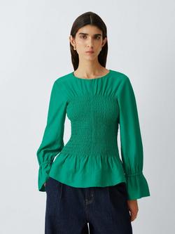 John Lewis Shirred Bodice Tie Cuff Peplum Top, Pine Green