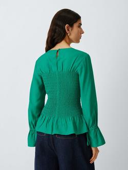 John Lewis Shirred Bodice Tie Cuff Peplum Top - view 2, Pine Green