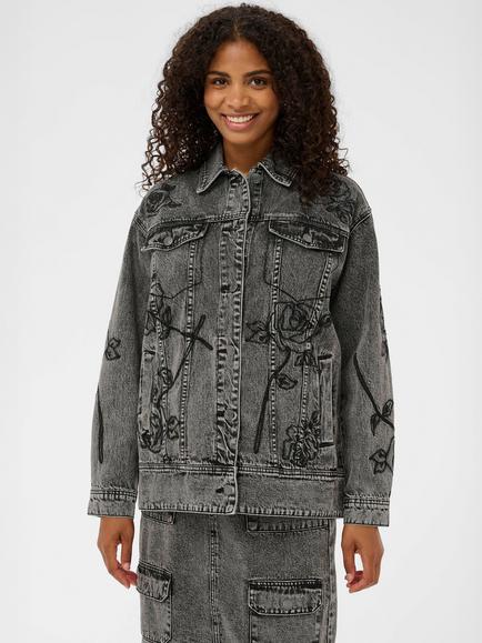 KAFFE Ross Cotton Floral Denim Jacket, Dark Grey