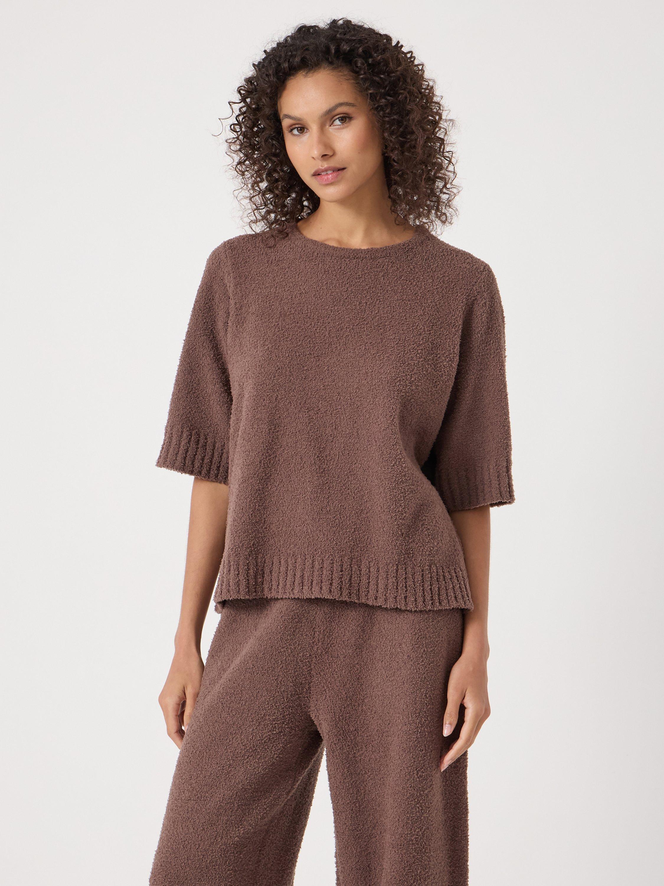Product image 1 of 5, which shows HUSH Lux Super Soft Pyjama Top, Mocha Brown, XS-S