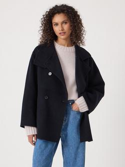 HUSH Belted Pure Wool Pea Coat, Dark Navy, Dark Navy