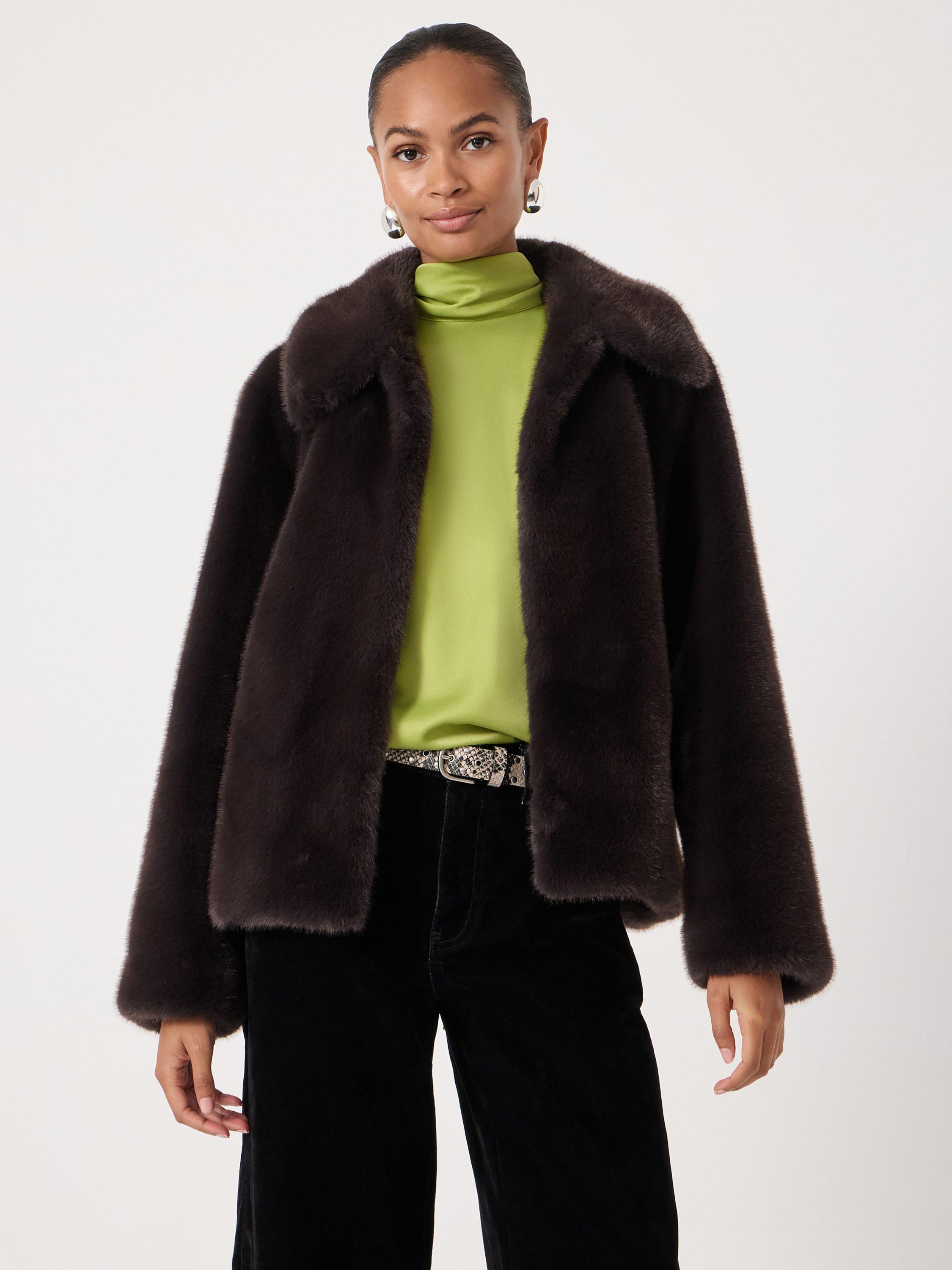 Product image 1 of 4, which shows HUSH Collared Faux Fur Jacket, Chocolate Brown, L-XL