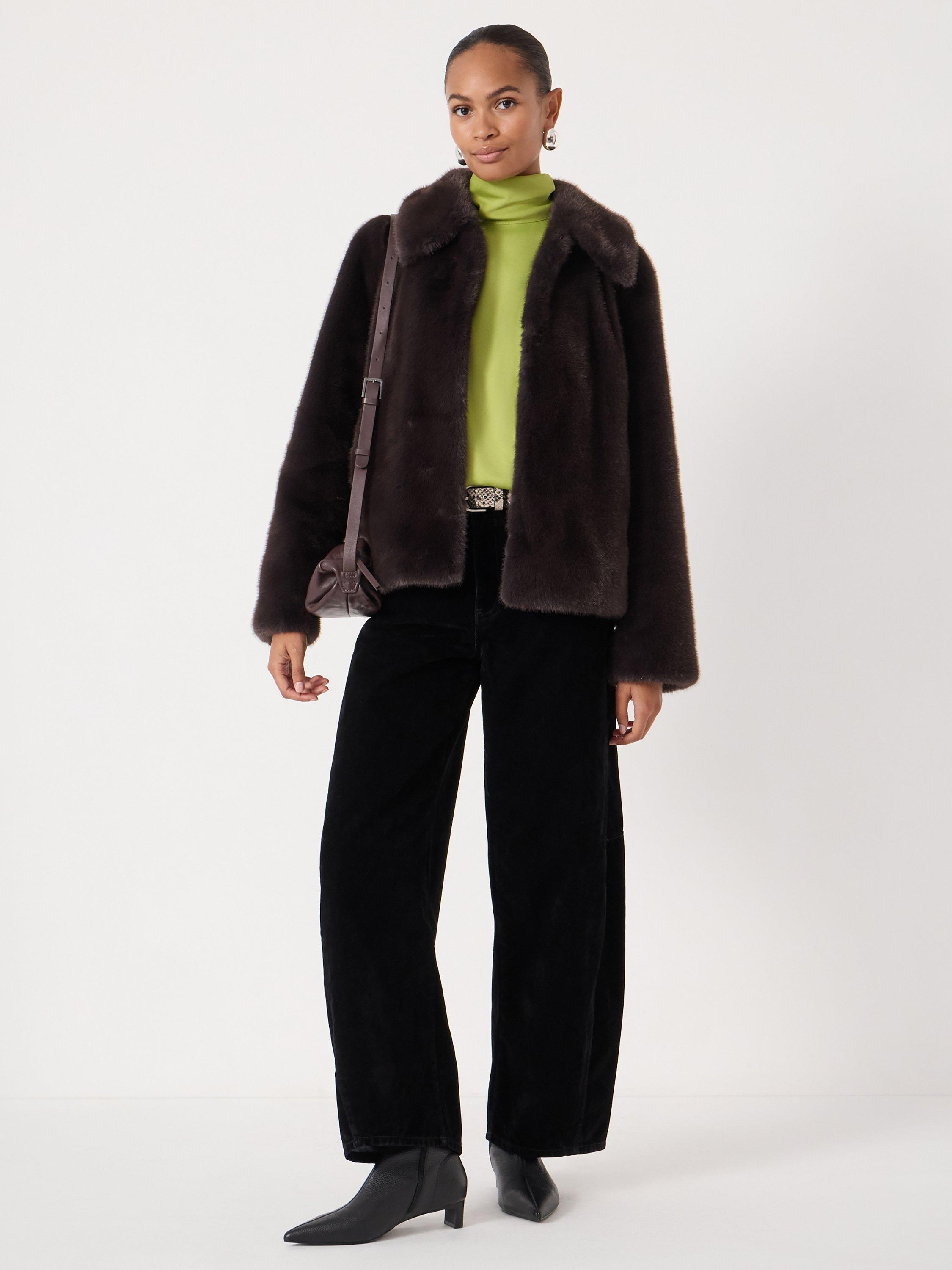 Product image 2 of 4, which shows HUSH Collared Faux Fur Jacket, Chocolate Brown, L-XL