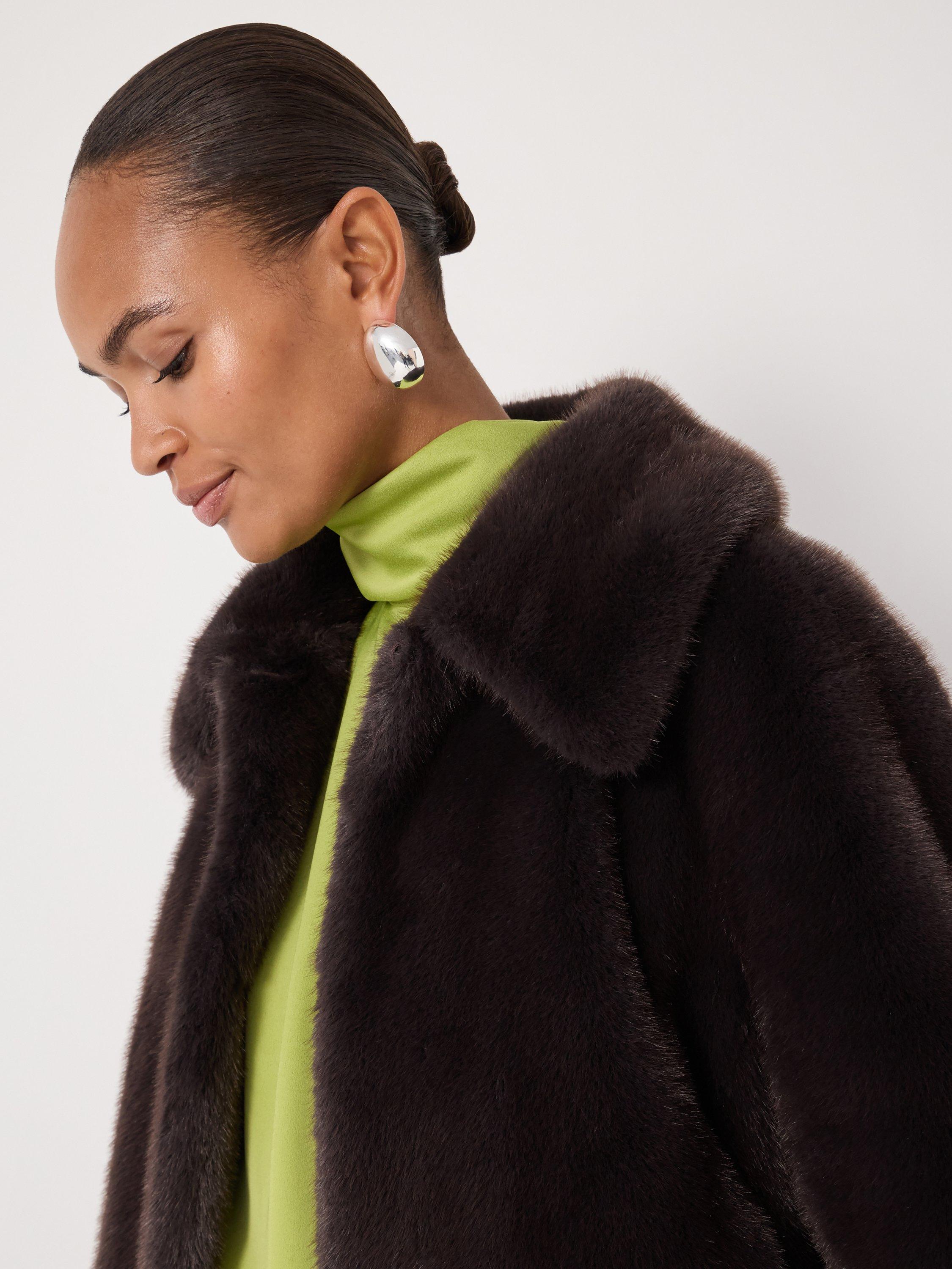 Product image 3 of 4, which shows HUSH Collared Faux Fur Jacket, Chocolate Brown, L-XL