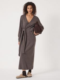 HUSH V-Neck Tie Waist Pure Wool Jumper Dress, Antler Brown