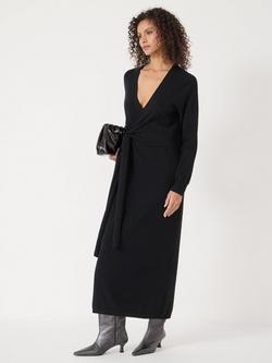 HUSH V-Neck Tie Waist Pure Wool Jumper Dress, Black