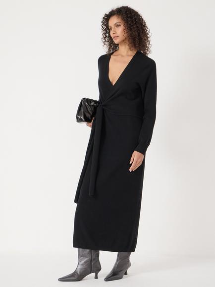 HUSH V-Neck Tie Waist Pure Wool Jumper Dress, Black