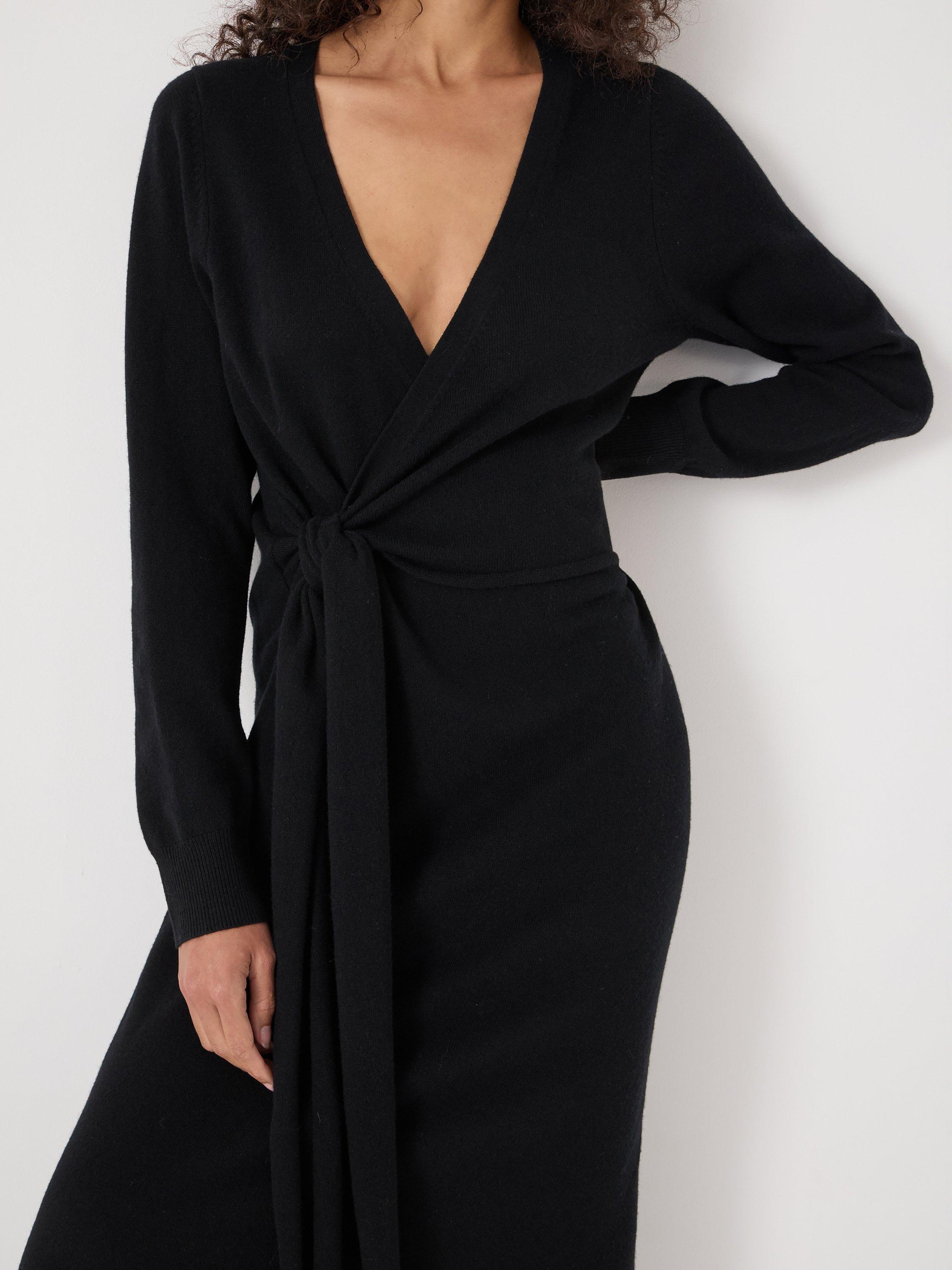 HUSH V-Neck Tie Waist Pure Wool Jumper Dress, Black