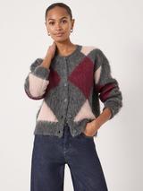 HUSH Crew Neck Argyle Cardigan, Charcoal Marl Mix