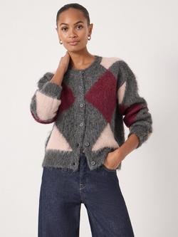 HUSH Crew Neck Argyle Cardigan, Charcoal Marl Mix, Charcoal Marl Mix